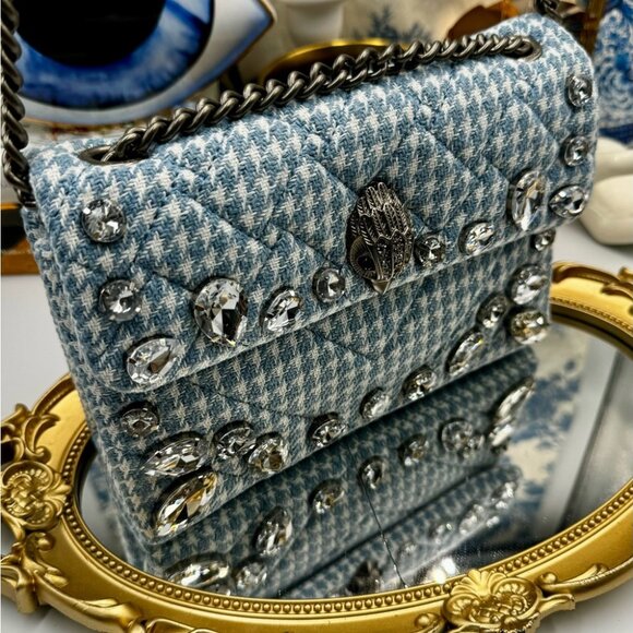 🆕 KURT GEIGER LONDON 🧿 NWOT Blue & White Houndstooth Kensington Bag, Crystals - Picture 3 of 16